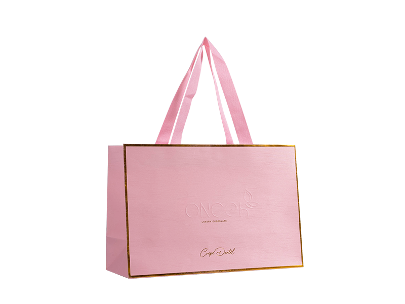 Customized Pink Embossing Paper Bags with Fabric Ribbon